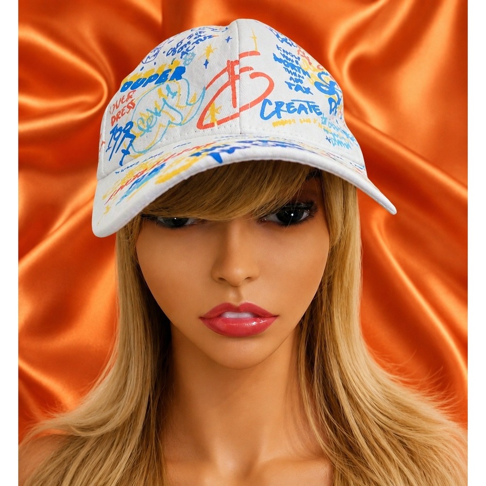 White Graffiti Print Baseball Cap Streetwear Adjustable Strapback Hat Multi